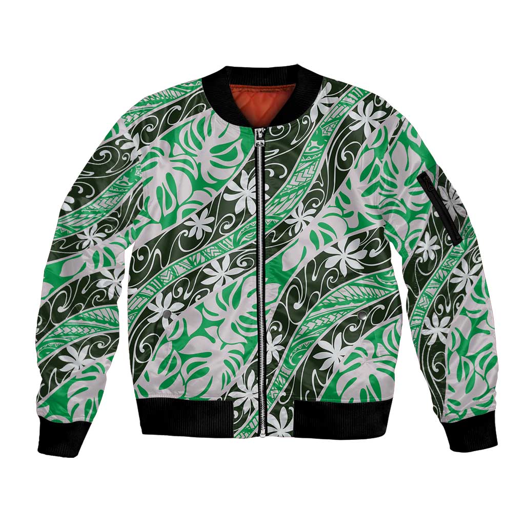 Matie Tahiti Tiare Monstera Sleeve Zip Bomber Jacket Polynesian Pattern Curve Style LT01 Unisex Green - Polynesian Pride