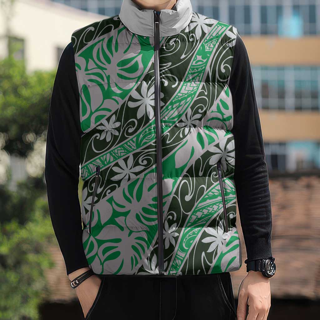 Matie Tahiti Tiare Monstera Sleeveless Puffer Jacket Polynesian Pattern Curve Style LT01 - Polynesian Pride