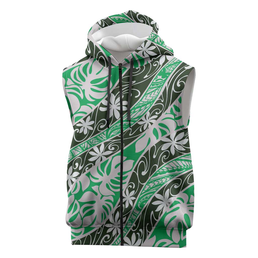 Matie Tahiti Tiare Monstera Sleeveless Zip Hoodie Polynesian Pattern Curve Style LT01 Green - Polynesian Pride