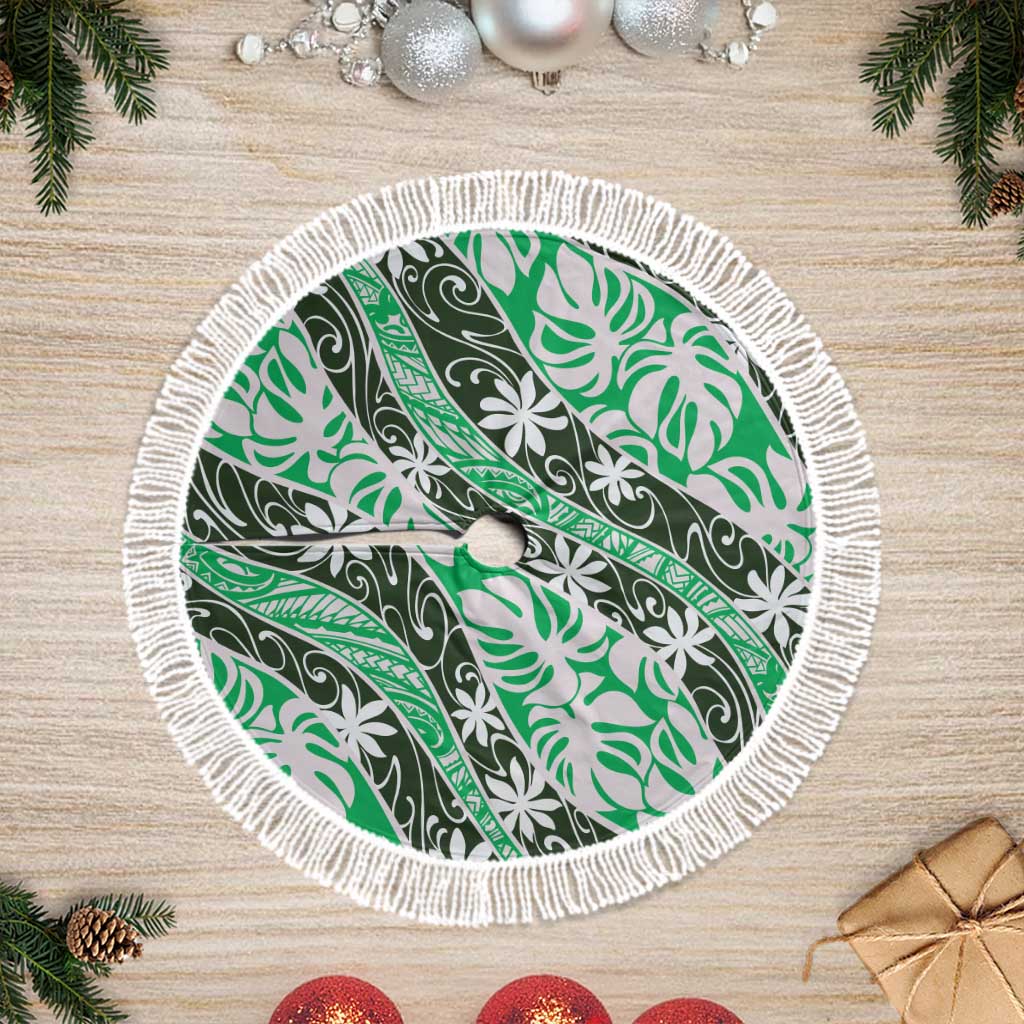 Matie Tahiti Tiare Monstera Tree Skirt Polynesian Pattern Curve Style LT01 Fringed Green - Polynesian Pride