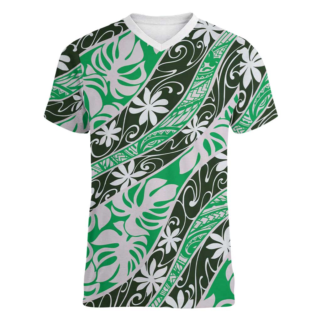 Matie Tahiti Tiare Monstera Women V-Neck T-Shirt Polynesian Pattern Curve Style LT01 Female Green - Polynesian Pride