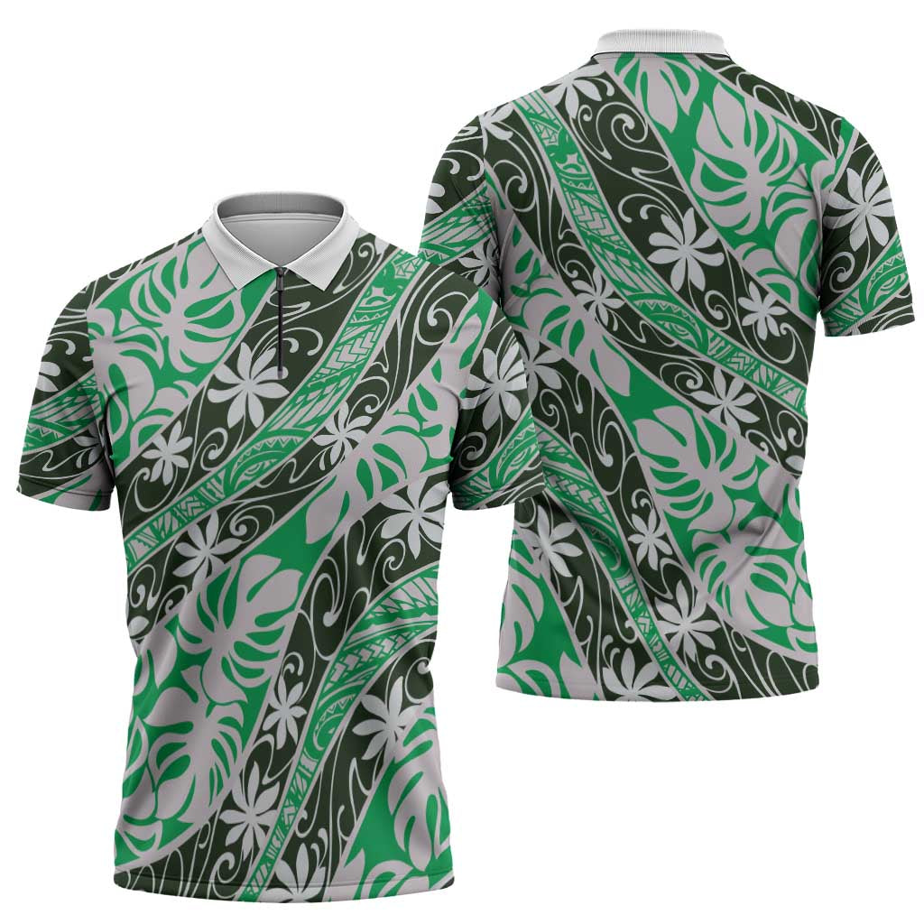 Matie Tahiti Tiare Monstera Zipper Polo Shirt Polynesian Pattern Curve Style - Polynesian Pride