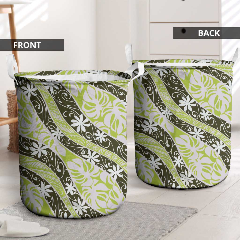 Olive Tahiti Tiare Monstera Laundry Basket Polynesian Pattern Curve Style LT01 - Polynesian Pride