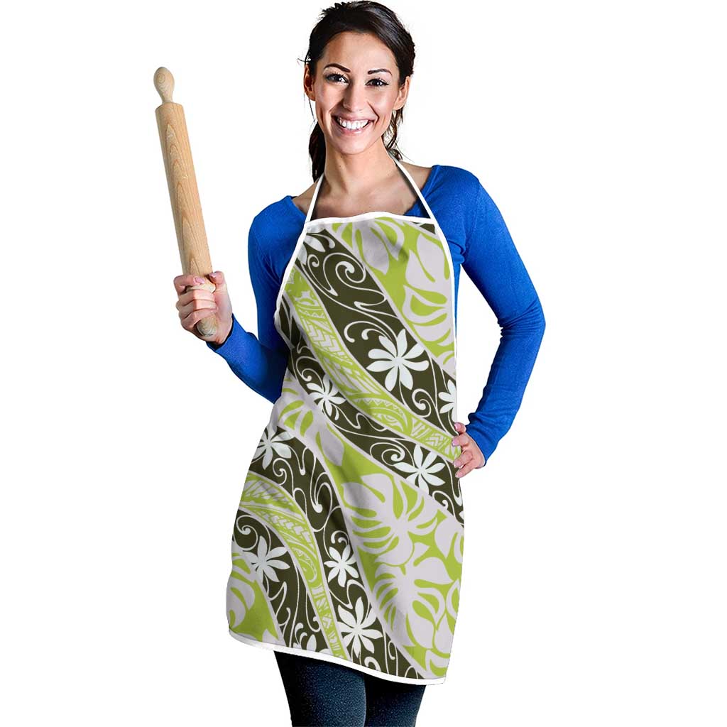Olive Tahiti Tiare Monstera Apron Polynesian Pattern Curve Style - Polynesian Pride