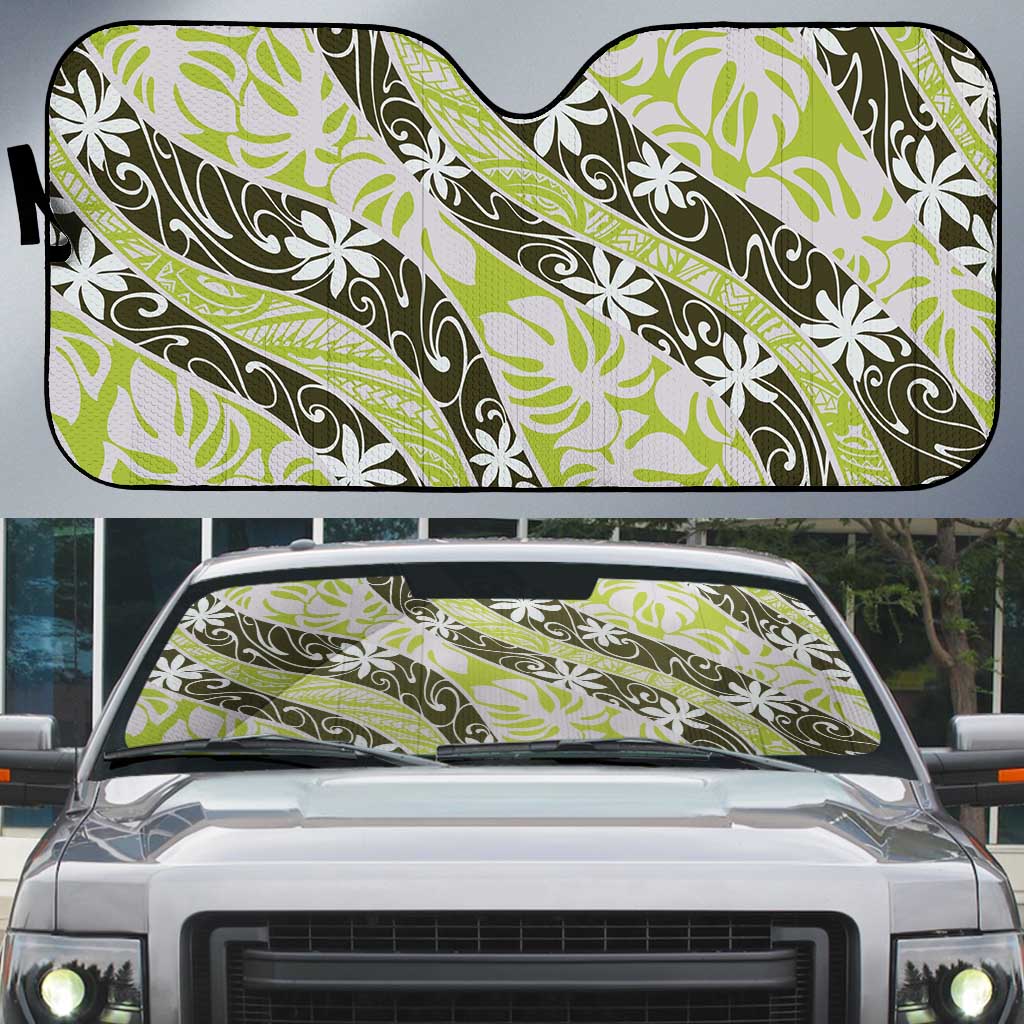 Olive Tahiti Tiare Monstera Auto Sun Shade Polynesian Pattern Curve Style - Polynesian Pride