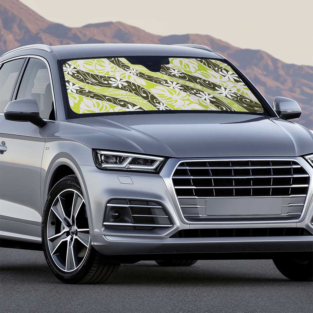 Olive Tahiti Tiare Monstera Auto Sun Shade Polynesian Pattern Curve Style - Polynesian Pride