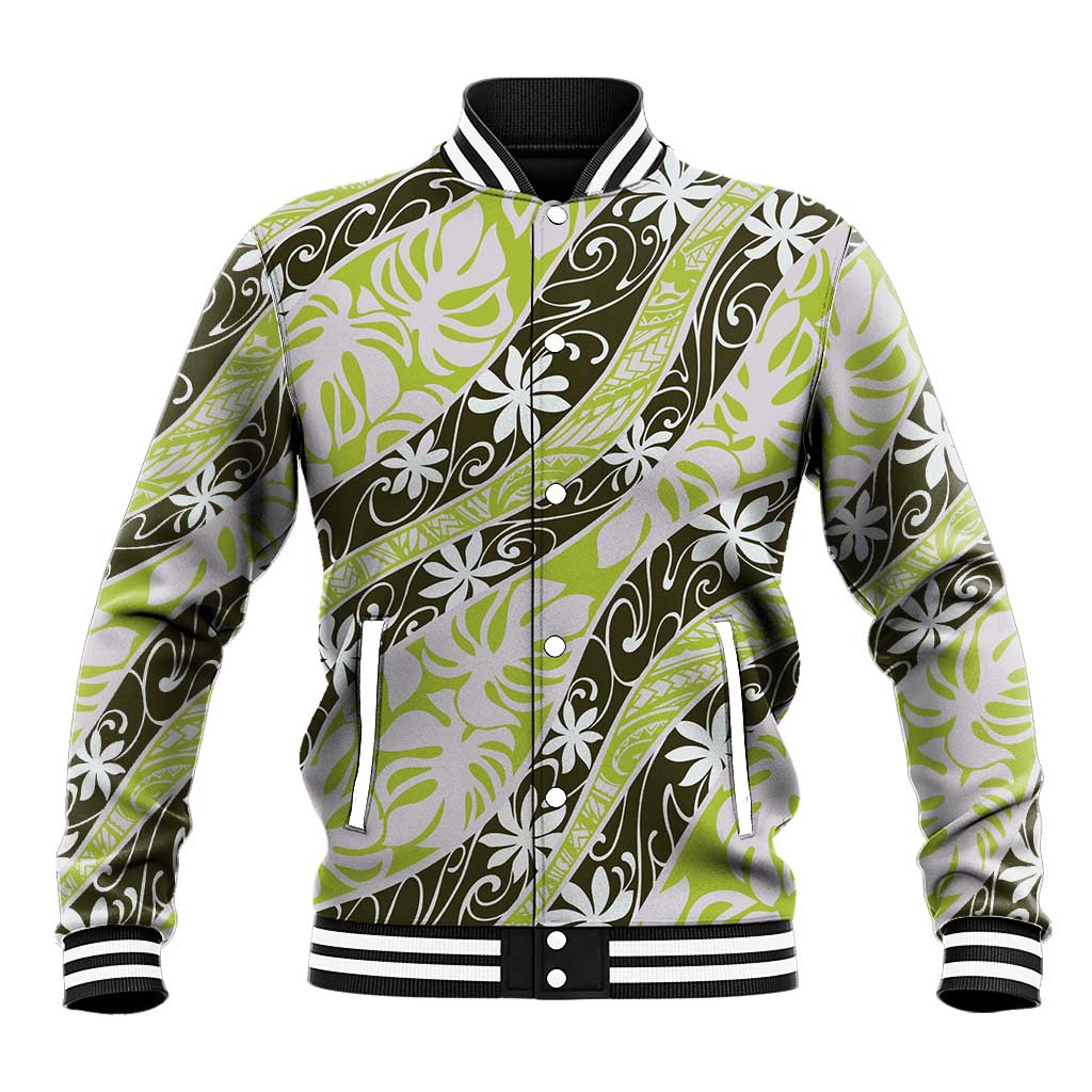 Olive Tahiti Tiare Monstera Baseball Jacket Polynesian Pattern Curve Style LT01 Unisex Olive - Polynesian Pride