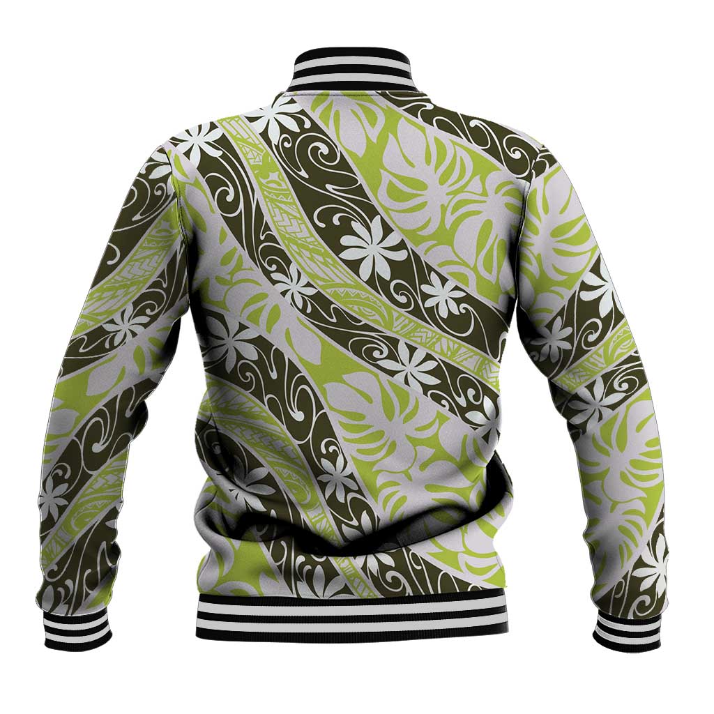 Olive Tahiti Tiare Monstera Baseball Jacket Polynesian Pattern Curve Style LT01 - Polynesian Pride