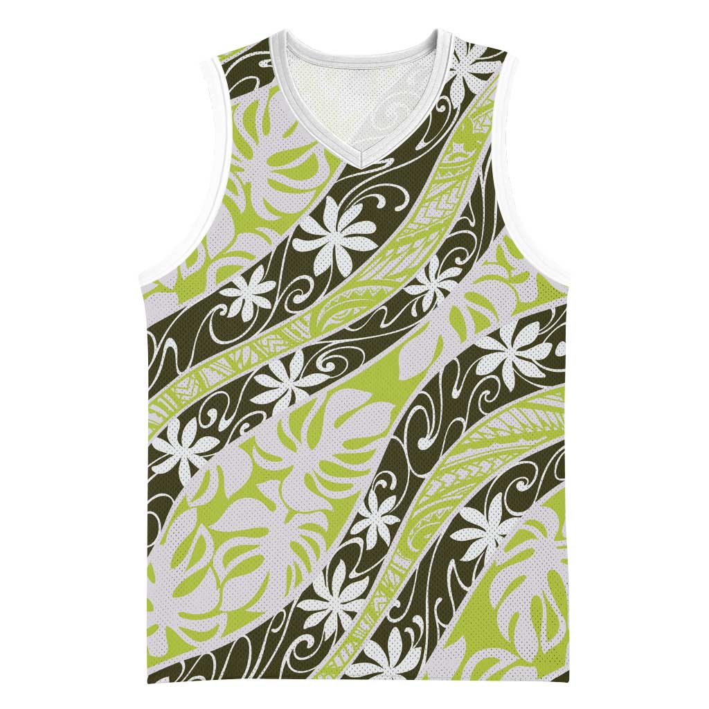 Olive Tahiti Tiare Monstera Basketball Jersey Polynesian Pattern Curve Style LT01 Unisex Olive - Polynesian Pride