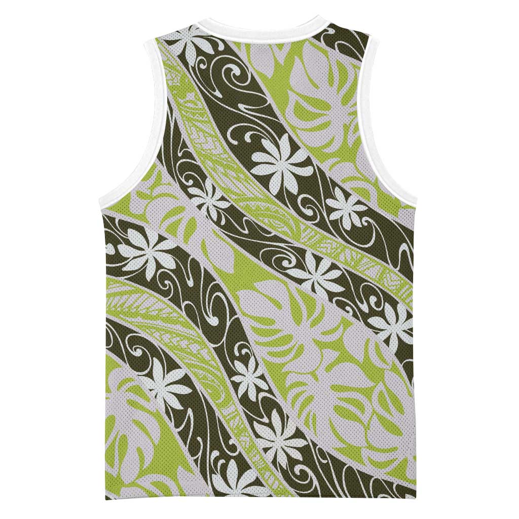 Olive Tahiti Tiare Monstera Basketball Jersey Polynesian Pattern Curve Style LT01 - Polynesian Pride