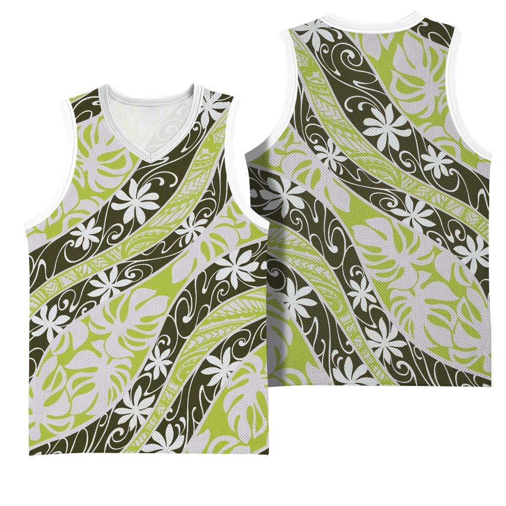 Olive Tahiti Tiare Monstera Basketball Jersey Polynesian Pattern Curve Style LT01 - Polynesian Pride