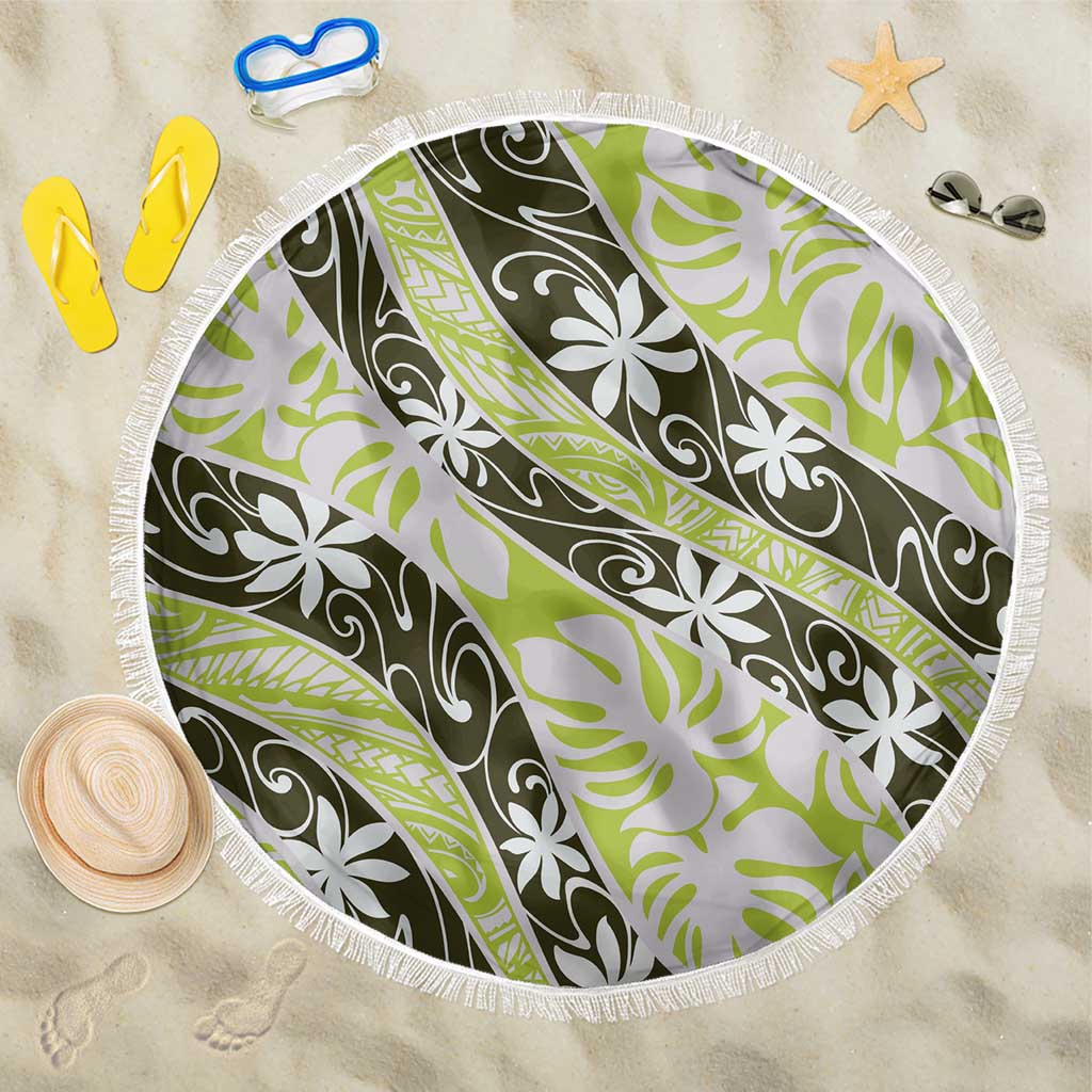 Olive Tahiti Tiare Monstera Beach Blanket Polynesian Pattern Curve Style LT01 One Size 150cm Olive - Polynesian Pride