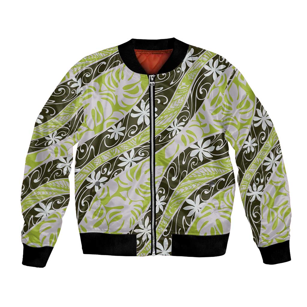 Olive Tahiti Tiare Monstera Bomber Jacket Polynesian Pattern Curve Style LT01 Unisex Olive - Polynesian Pride