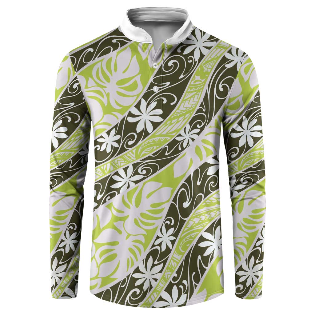 Olive Tahiti Tiare Monstera Button Sweatshirt Polynesian Pattern Curve Style LT01 Olive - Polynesian Pride