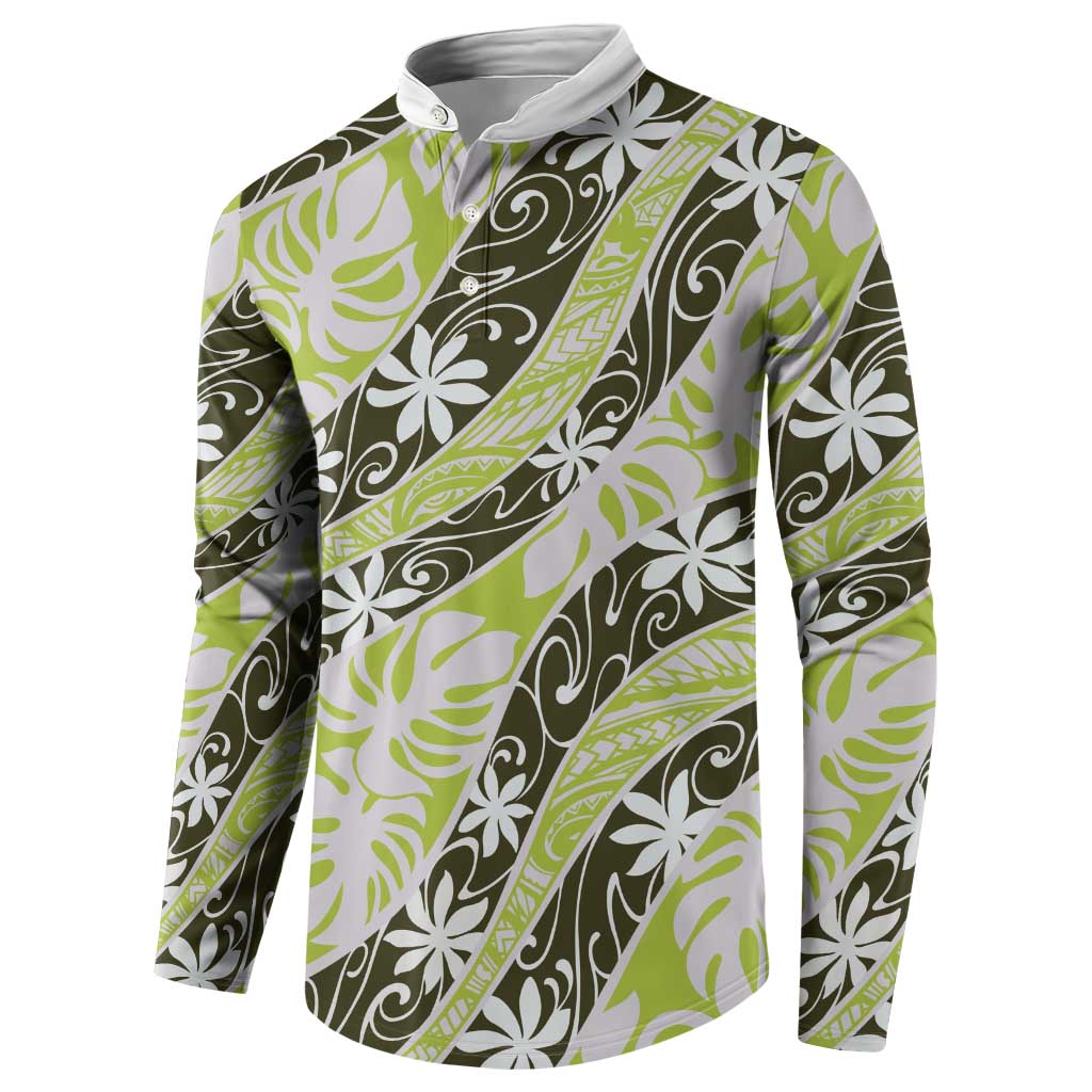 Olive Tahiti Tiare Monstera Button Sweatshirt Polynesian Pattern Curve Style LT01 - Polynesian Pride
