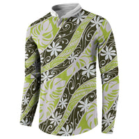 Olive Tahiti Tiare Monstera Button Sweatshirt Polynesian Pattern Curve Style LT01 - Polynesian Pride