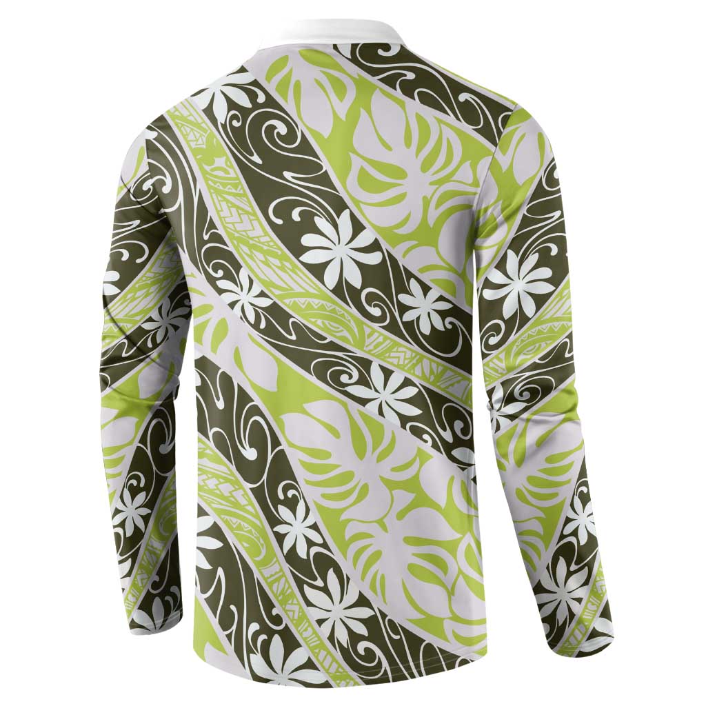 Olive Tahiti Tiare Monstera Button Sweatshirt Polynesian Pattern Curve Style LT01 - Polynesian Pride