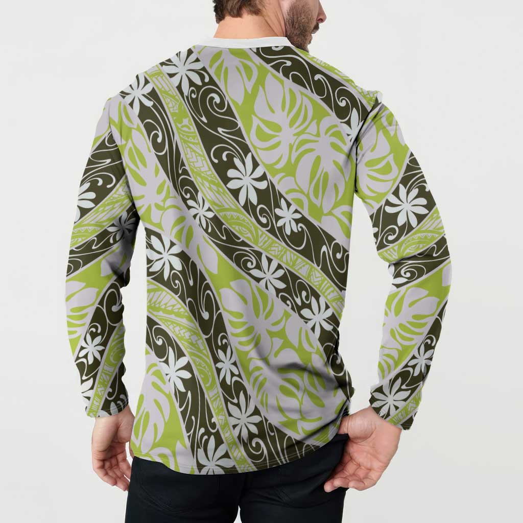 Olive Tahiti Tiare Monstera Button Sweatshirt Polynesian Pattern Curve Style LT01 - Polynesian Pride