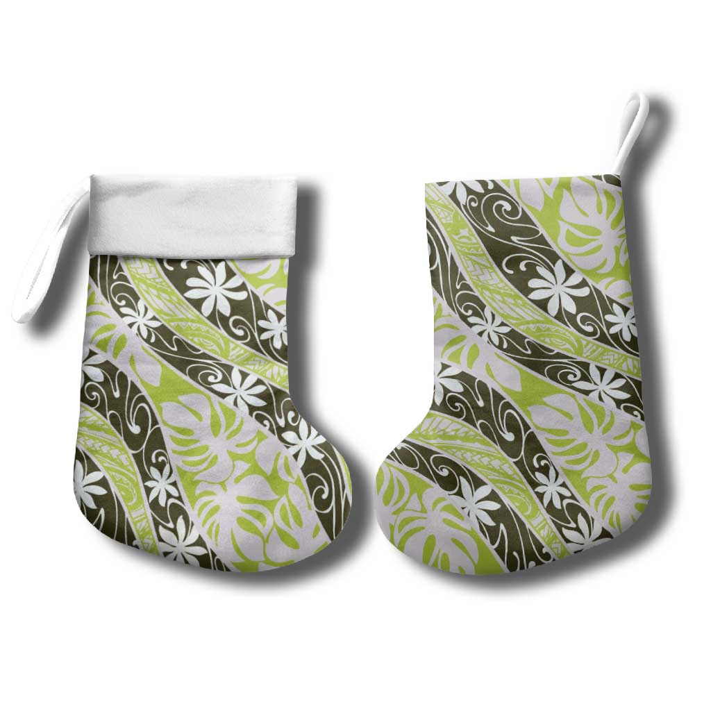 Olive Tahiti Tiare Monstera Christmas Stocking Polynesian Pattern Curve Style - Polynesian Pride