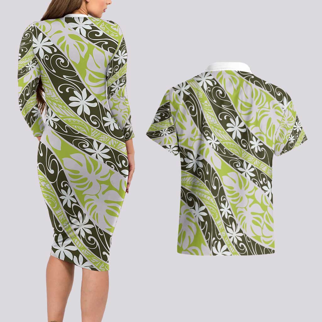 Olive Tahiti Tiare Monstera Couples Matching Long Sleeve Bodycon Dress and Hawaiian Shirt Polynesian Pattern Curve Style - Polynesian Pride