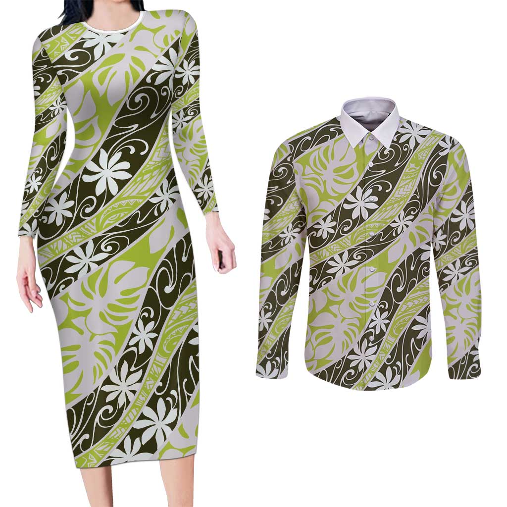 Olive Tahiti Tiare Monstera Couples Matching Long Sleeve Bodycon Dress and Long Sleeve Button Shirt Polynesian Pattern Curve Style LT01 Olive - Polynesian Pride