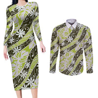 Olive Tahiti Tiare Monstera Couples Matching Long Sleeve Bodycon Dress and Long Sleeve Button Shirt Polynesian Pattern Curve Style LT01 Olive - Polynesian Pride