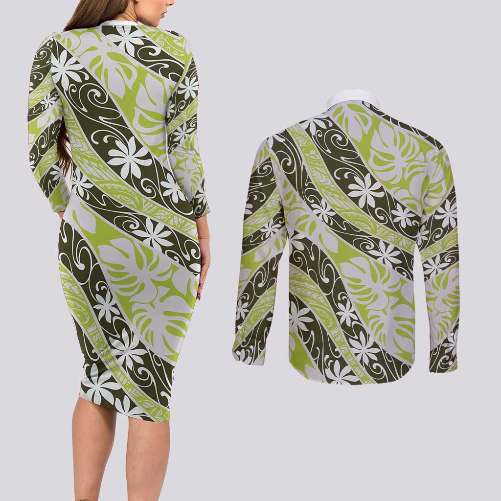 Olive Tahiti Tiare Monstera Couples Matching Long Sleeve Bodycon Dress and Long Sleeve Button Shirt Polynesian Pattern Curve Style LT01 - Polynesian Pride