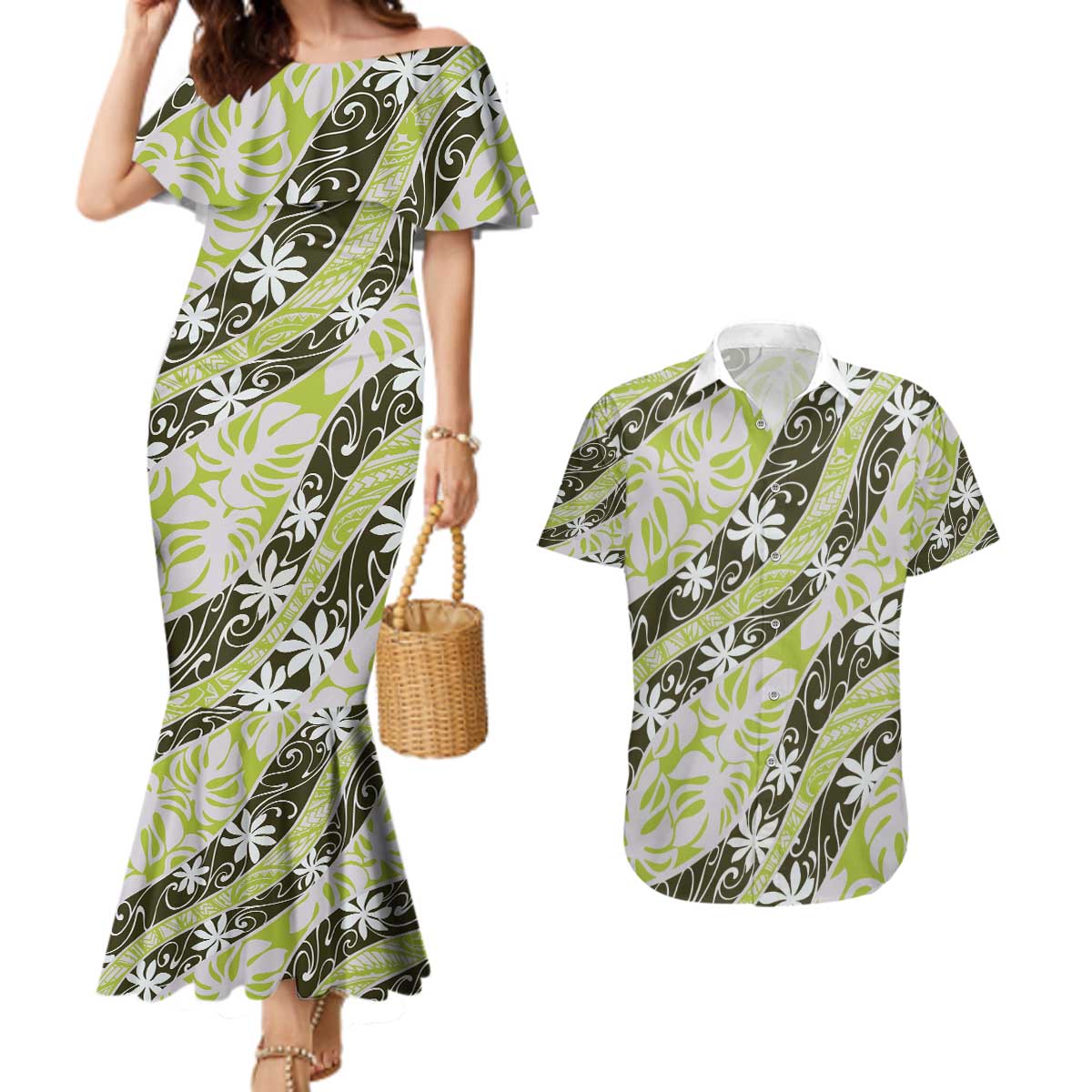 Olive Tahiti Tiare Monstera Couples Matching Mermaid Dress and Hawaiian Shirt Polynesian Pattern Curve Style - Polynesian Pride