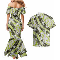 Olive Tahiti Tiare Monstera Couples Matching Mermaid Dress and Hawaiian Shirt Polynesian Pattern Curve Style - Polynesian Pride