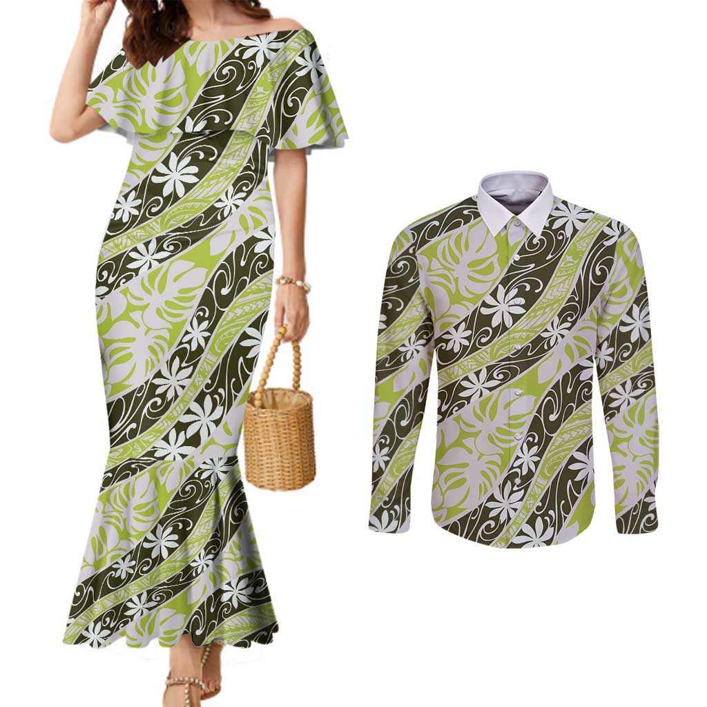 Olive Tahiti Tiare Monstera Couples Matching Mermaid Dress and Long Sleeve Button Shirt Polynesian Pattern Curve Style LT01 Olive - Polynesian Pride