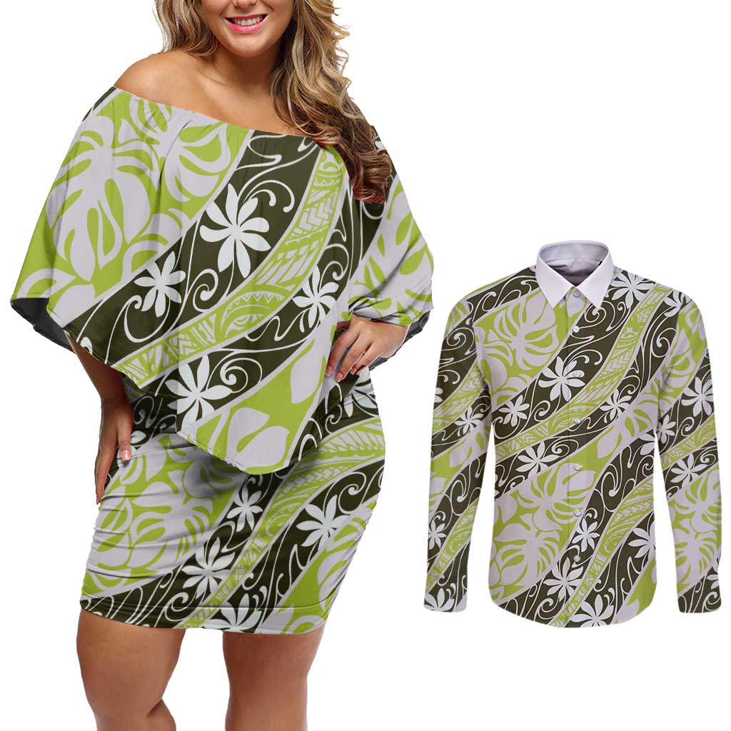 Olive Tahiti Tiare Monstera Couples Matching Off Shoulder Short Dress and Long Sleeve Button Shirt Polynesian Pattern Curve Style LT01 Olive - Polynesian Pride