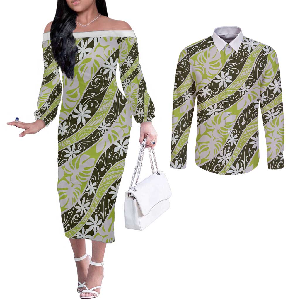 Olive Tahiti Tiare Monstera Couples Matching Off The Shoulder Long Sleeve Dress and Long Sleeve Button Shirt Polynesian Pattern Curve Style LT01 Olive - Polynesian Pride