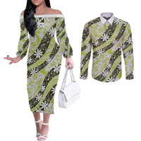 Olive Tahiti Tiare Monstera Couples Matching Off The Shoulder Long Sleeve Dress and Long Sleeve Button Shirt Polynesian Pattern Curve Style LT01 Olive - Polynesian Pride