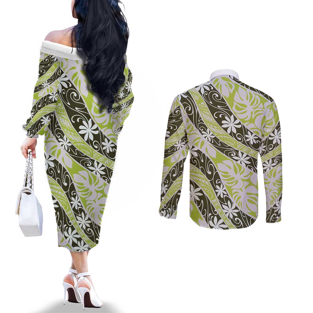 Olive Tahiti Tiare Monstera Couples Matching Off The Shoulder Long Sleeve Dress and Long Sleeve Button Shirt Polynesian Pattern Curve Style LT01 - Polynesian Pride