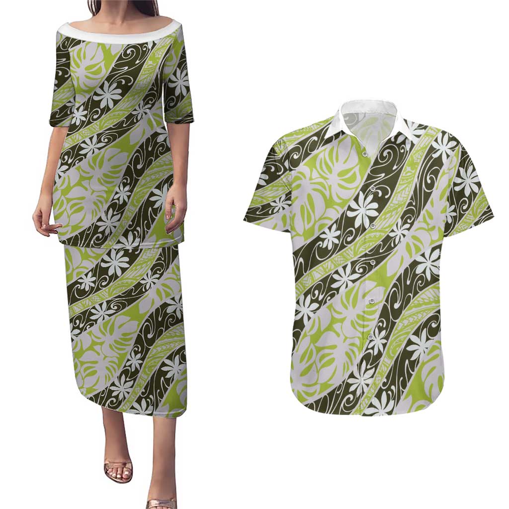 Olive Tahiti Tiare Monstera Couples Matching Puletasi and Hawaiian Shirt Polynesian Pattern Curve Style - Polynesian Pride