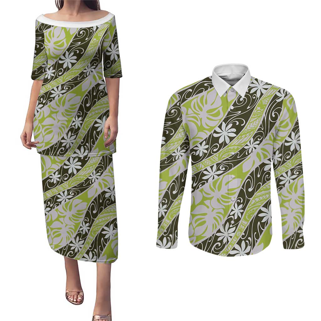 Olive Tahiti Tiare Monstera Couples Matching Puletasi and Long Sleeve Button Shirt Polynesian Pattern Curve Style LT01 Olive - Polynesian Pride