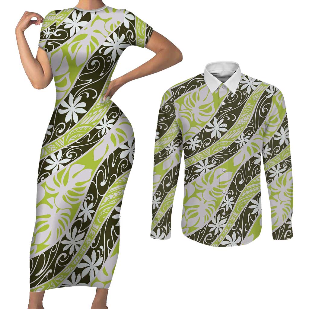 Olive Tahiti Tiare Monstera Couples Matching Short Sleeve Bodycon Dress and Long Sleeve Button Shirt Polynesian Pattern Curve Style LT01 Olive - Polynesian Pride