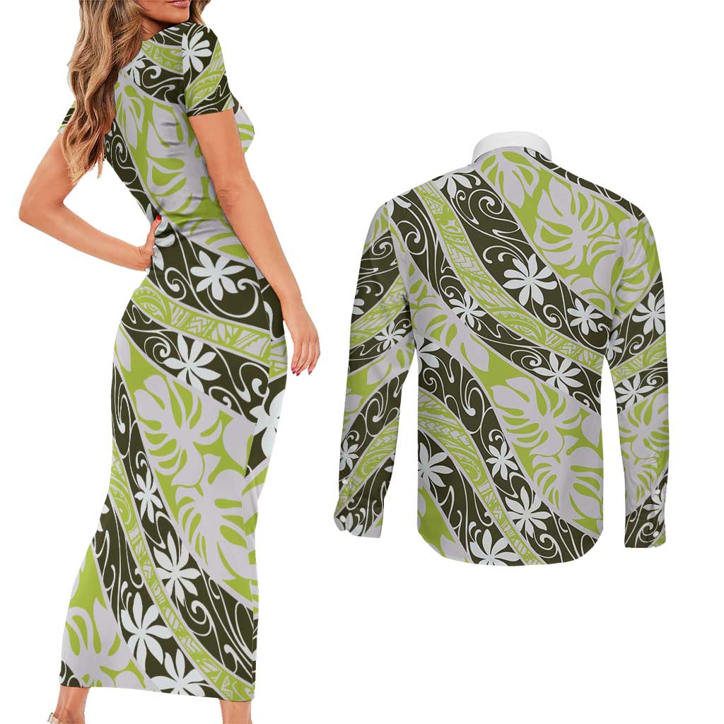 Olive Tahiti Tiare Monstera Couples Matching Short Sleeve Bodycon Dress and Long Sleeve Button Shirt Polynesian Pattern Curve Style LT01 - Polynesian Pride