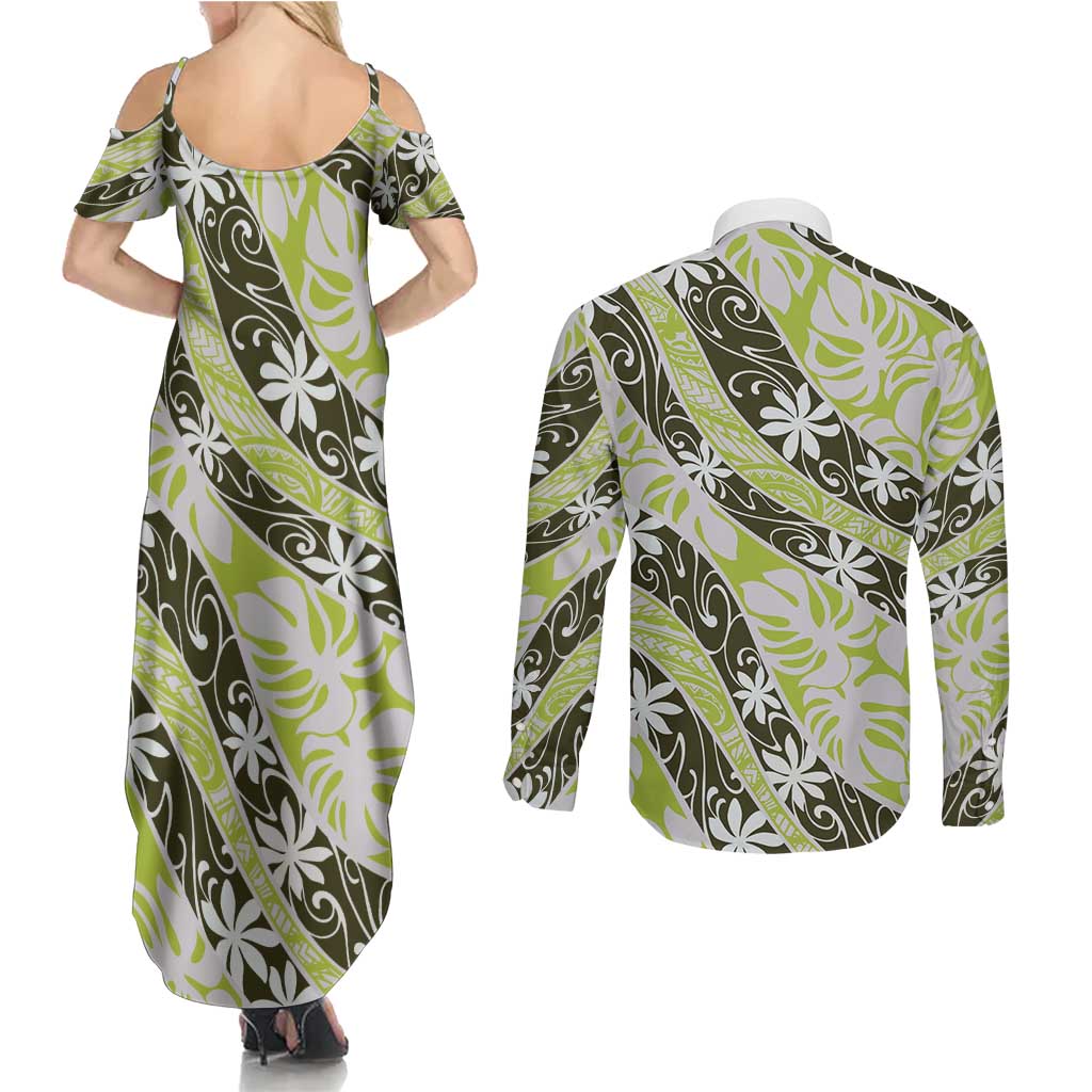 Olive Tahiti Tiare Monstera Couples Matching Summer Maxi Dress and Long Sleeve Button Shirt Polynesian Pattern Curve Style - Polynesian Pride