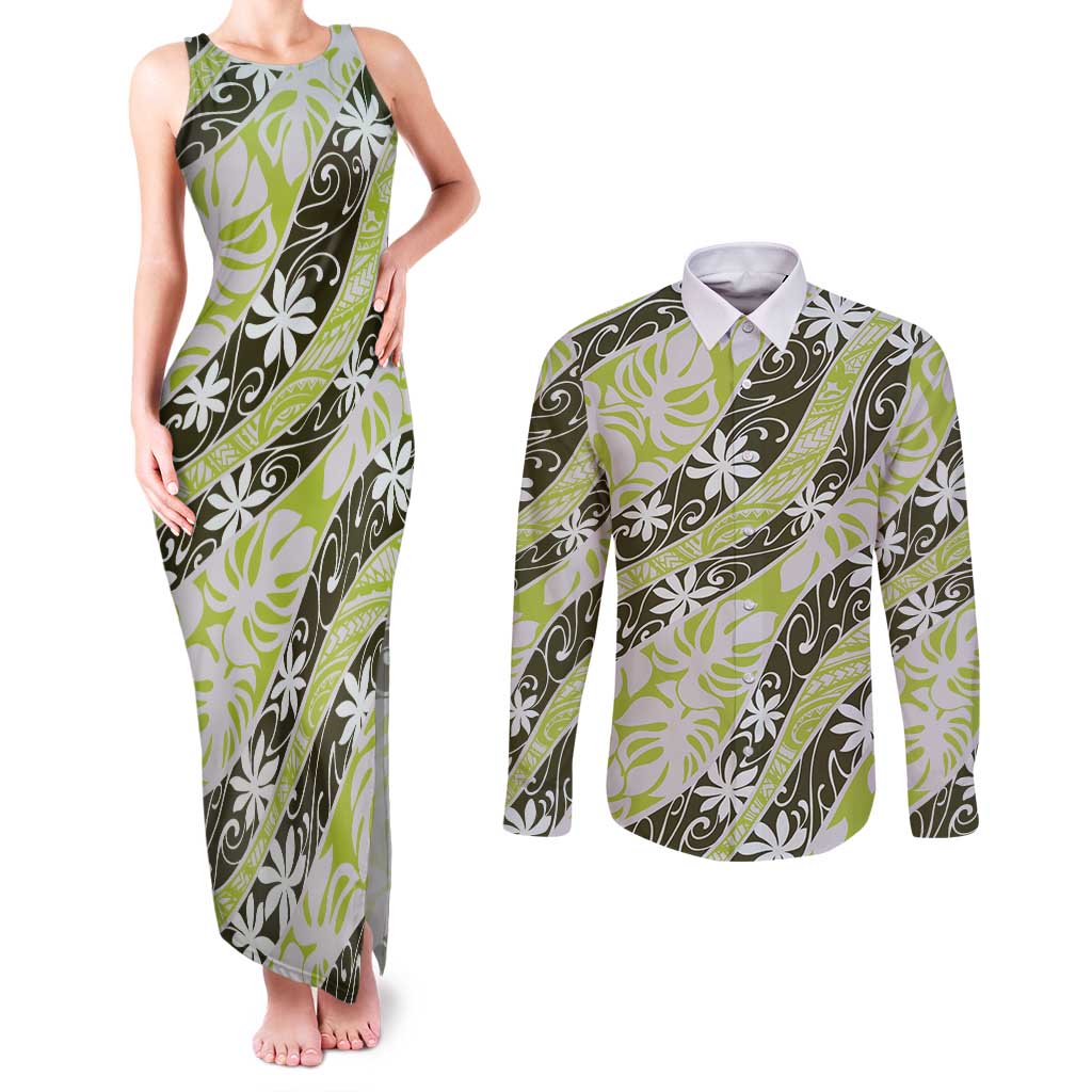 Olive Tahiti Tiare Monstera Couples Matching Tank Maxi Dress and Long Sleeve Button Shirt Polynesian Pattern Curve Style LT01 Olive - Polynesian Pride