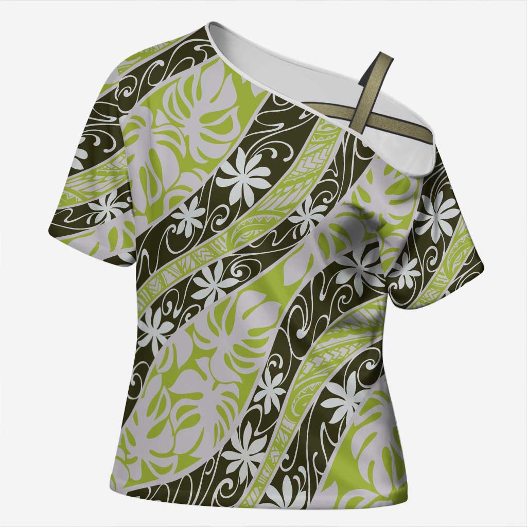 Olive Tahiti Tiare Monstera Cross Shoulder Shirt Polynesian Pattern Curve Style LT01 Female Olive - Polynesian Pride