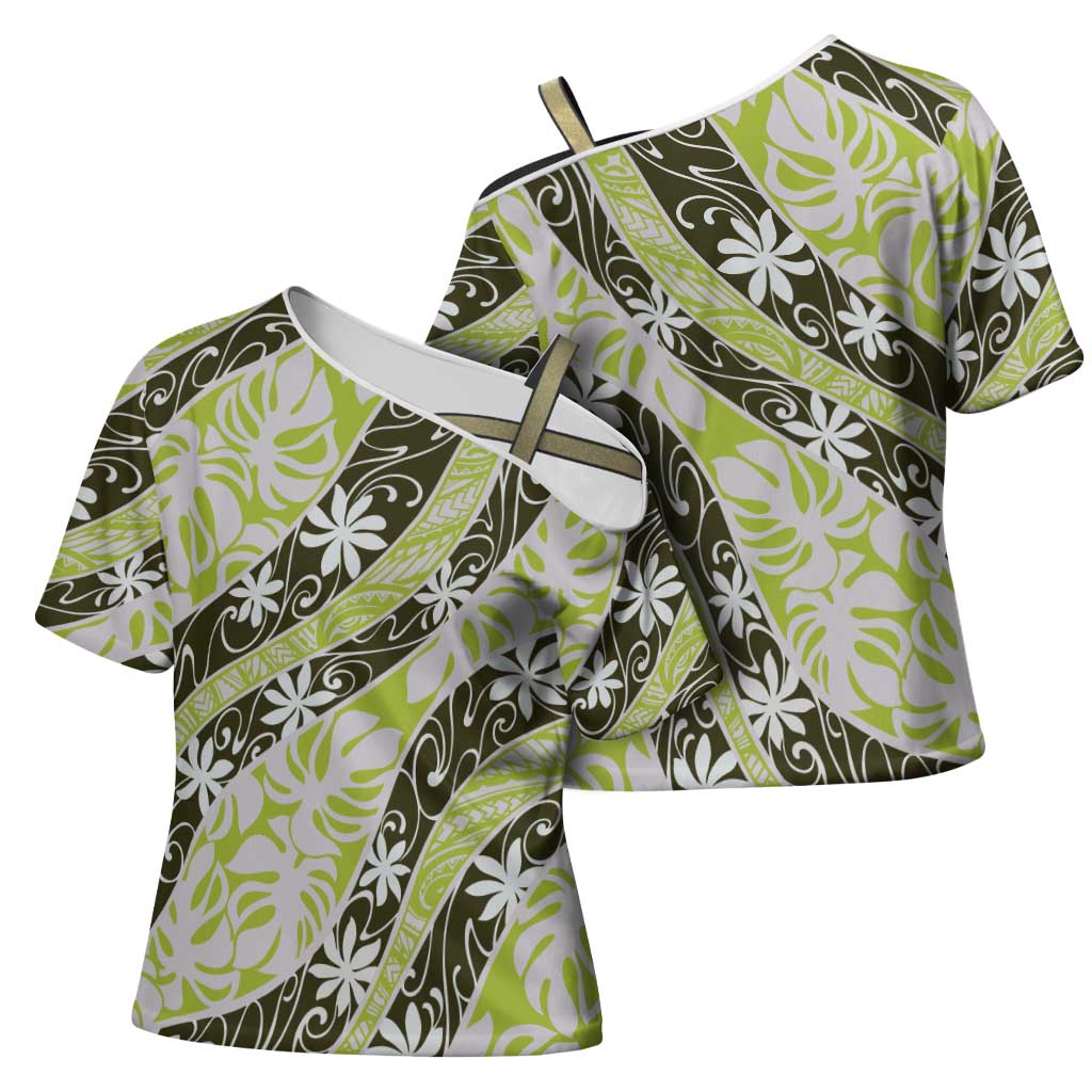 Olive Tahiti Tiare Monstera Cross Shoulder Shirt Polynesian Pattern Curve Style LT01 - Polynesian Pride