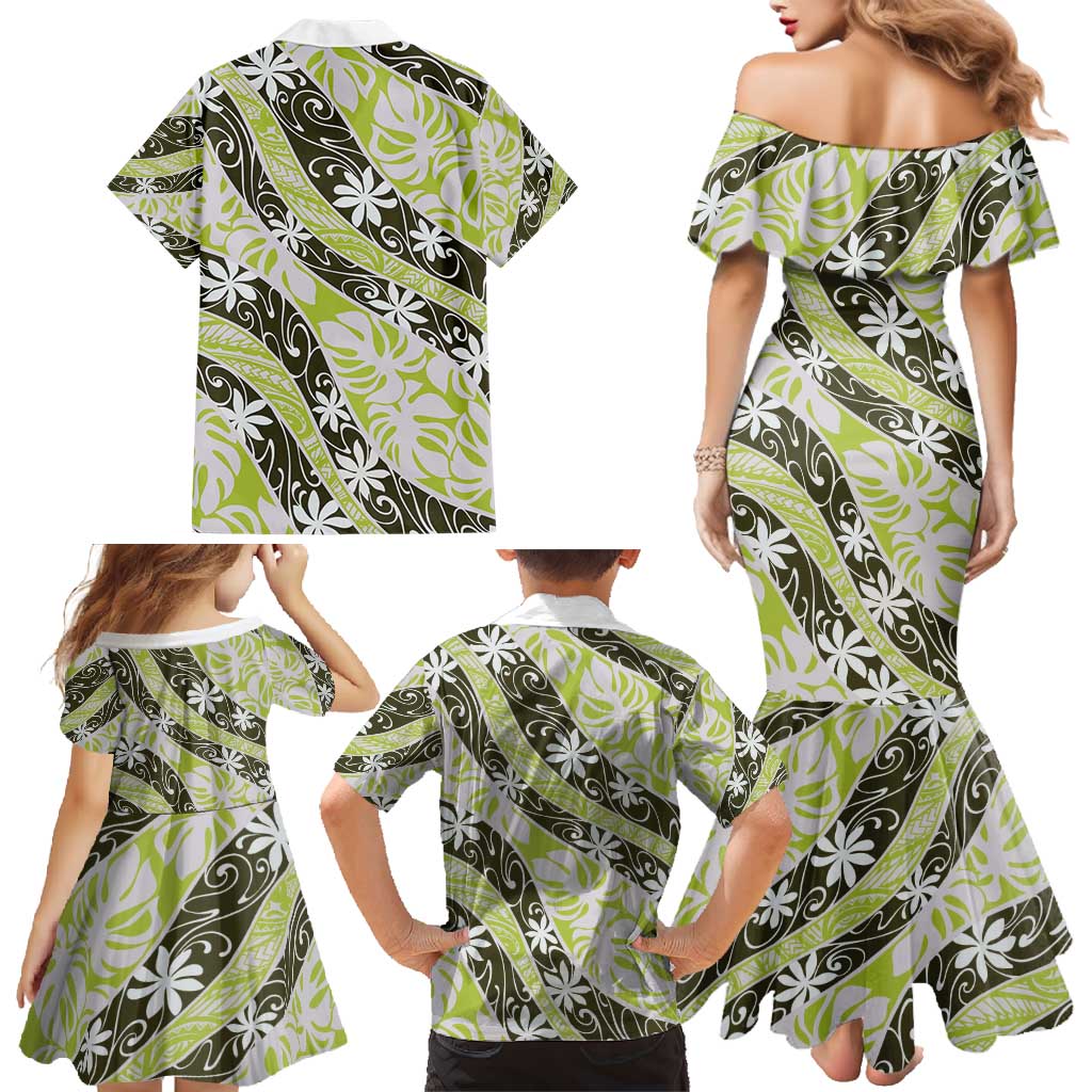 Olive Tahiti Tiare Monstera Family Matching Mermaid Dress and Hawaiian Shirt Polynesian Pattern Curve Style - Polynesian Pride