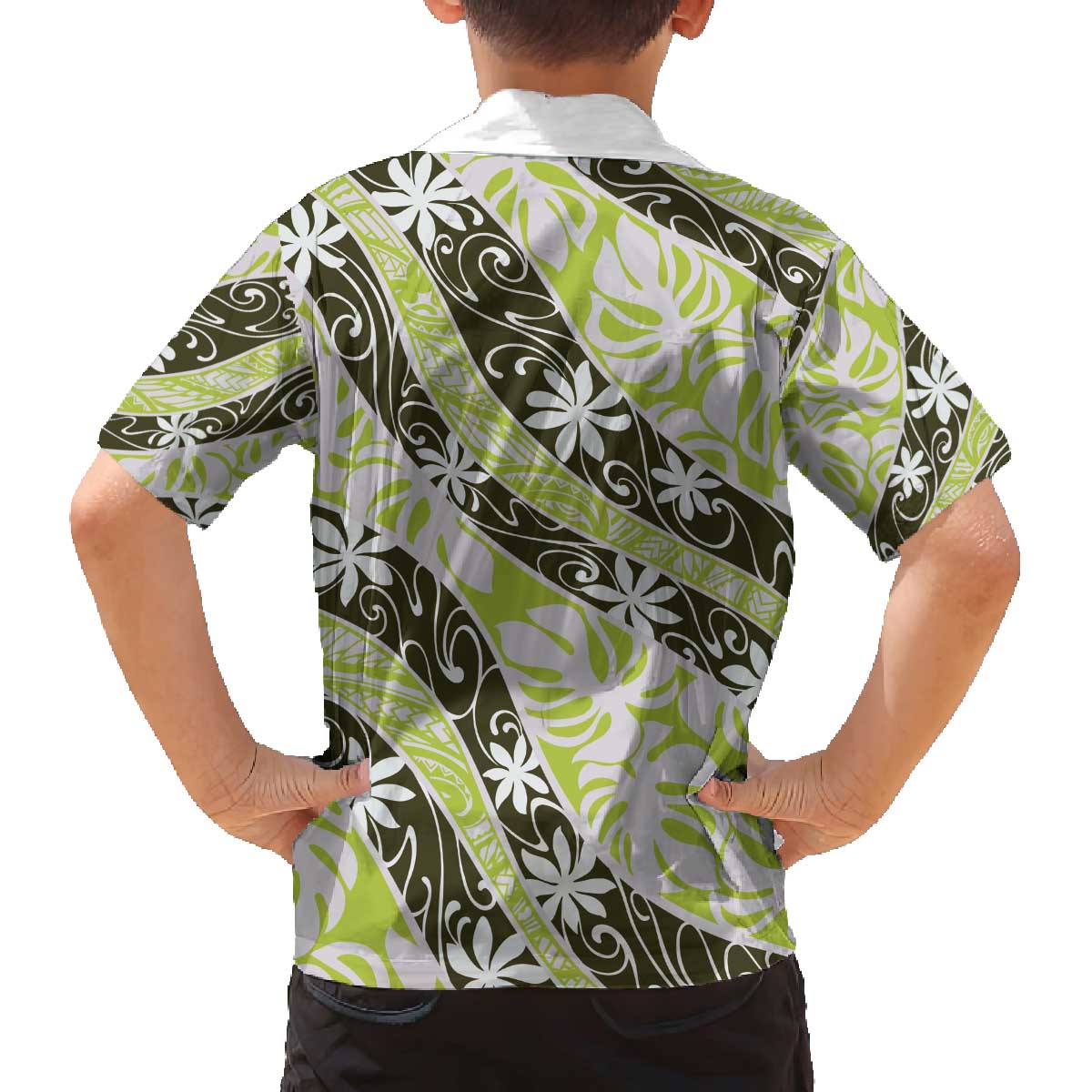 Olive Tahiti Tiare Monstera Family Matching Off The Shoulder Long Sleeve Dress and Hawaiian Shirt Polynesian Pattern Curve Style - Polynesian Pride