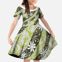 Olive Tahiti Tiare Monstera Family Matching Puletasi and Hawaiian Shirt Polynesian Pattern Curve Style LT01 Daughter's Dress Olive - Polynesian Pride