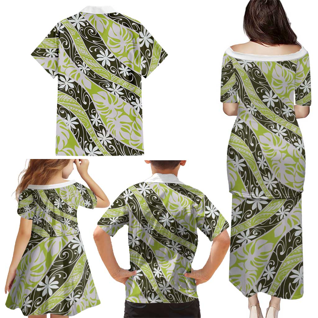 Olive Tahiti Tiare Monstera Family Matching Puletasi and Hawaiian Shirt Polynesian Pattern Curve Style LT01 - Polynesian Pride