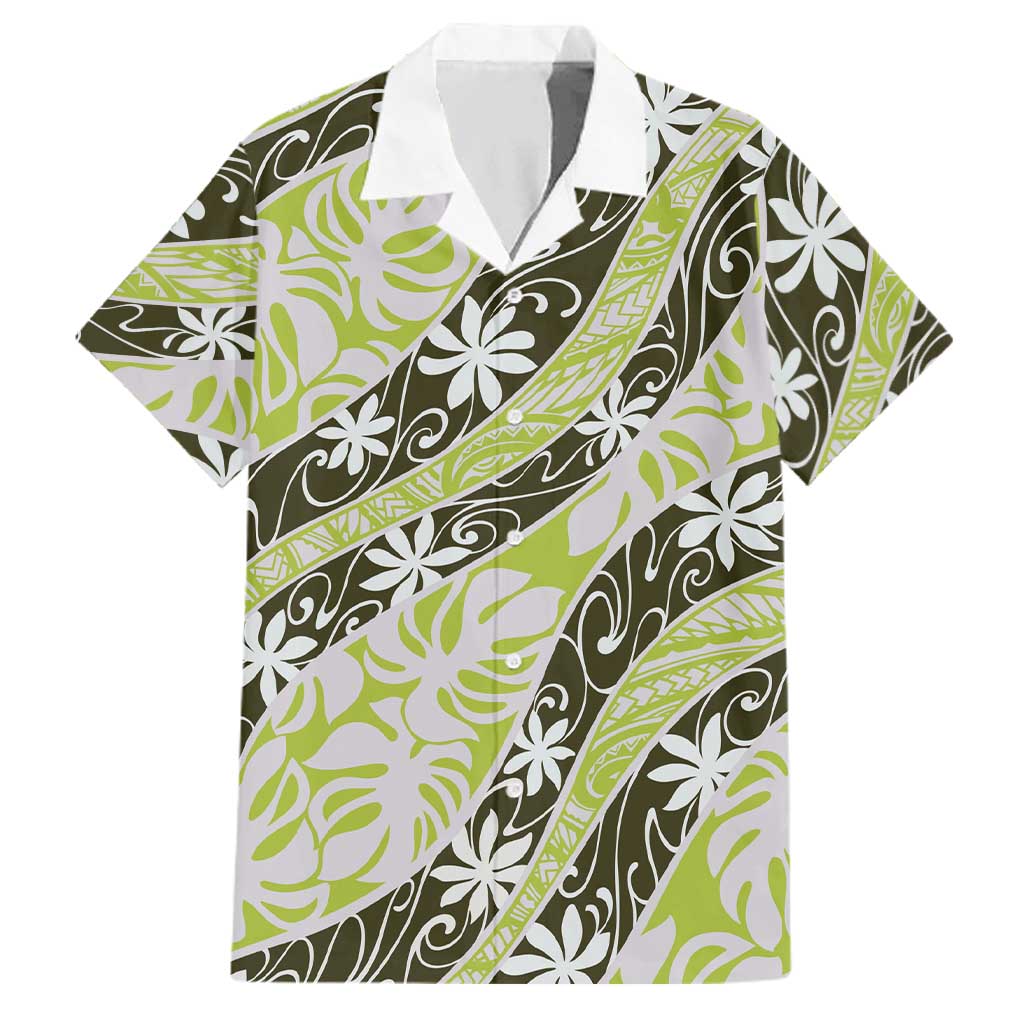 Olive Tahiti Tiare Monstera Family Matching Puletasi and Hawaiian Shirt Polynesian Pattern Curve Style LT01 Dad's Shirt - Short Sleeve Olive - Polynesian Pride