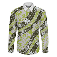 Olive Tahiti Tiare Monstera Family Matching Puletasi and Hawaiian Shirt Polynesian Pattern Curve Style LT01 Dad's Shirt - Long Sleeve Olive - Polynesian Pride