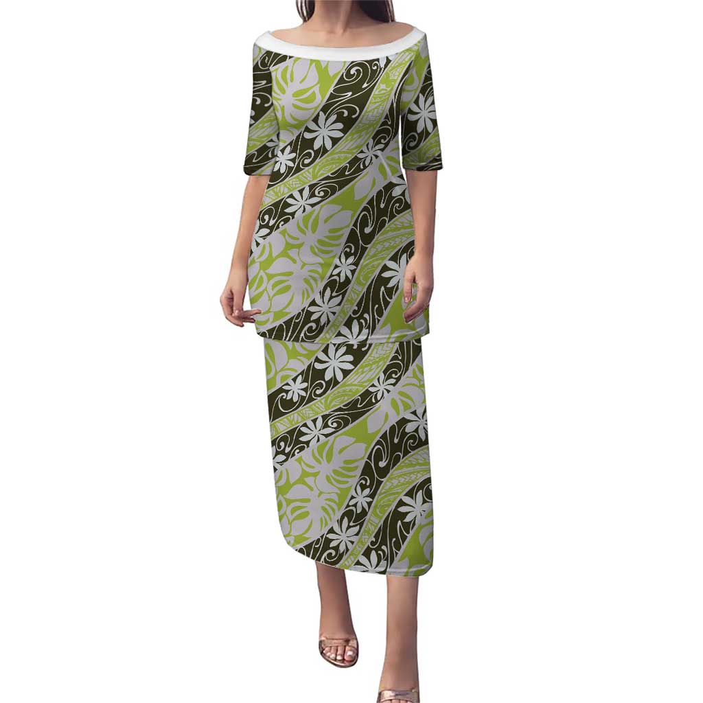 Olive Tahiti Tiare Monstera Family Matching Puletasi and Hawaiian Shirt Polynesian Pattern Curve Style LT01 Mom's Dress Olive - Polynesian Pride