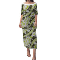 Olive Tahiti Tiare Monstera Family Matching Puletasi and Hawaiian Shirt Polynesian Pattern Curve Style LT01 Mom's Dress Olive - Polynesian Pride